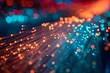 Abstract background of illuminated fiber optic cables with bokeh lights, symbolizing high-speed data transmission and modern technology.