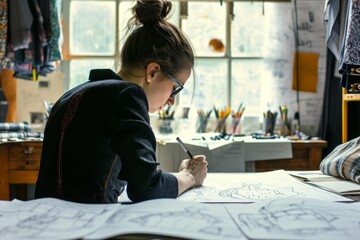 Wall Mural - Focused female fashion designer sketching in a bright, creative studio with fabric and drawings in the background.