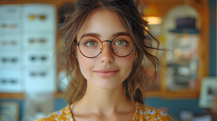 a young woman picks up glasses for vision in optics.