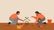 Man and Woman Plant Tree, Sustainable Agriculture for a Greener Earth-Friendly Concept, Vector Flat Illustration Design