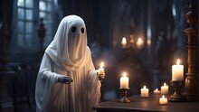 A Small, Ethereal Ghost With A Shy Demeanor, Gliding Through A Haunted Mansion With A Flickering Candle In Hand.