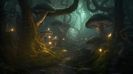 Wall Mural - Fantasy landscape with magic forest. 3D illustration. Fairy tale.