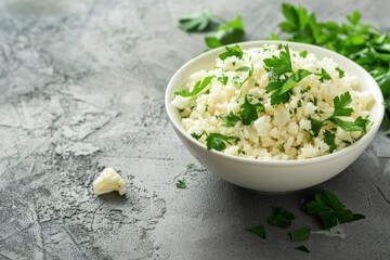 Raw cauliflower rice or couscous in a white bowl, healthy low carbohydrates vegetable side dish for keto diet and healthy low calories