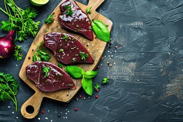 Poster - Raw chicken liver on wooden cutting board top view on dark rustic concrete background kitchen table with parsley and garlic. 