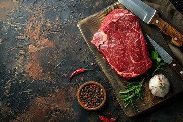 Raw uncooked top round beef steak on wooden cutting board with big kitchen knife and pepper on dark brown rustic stone background top view, cooking meat steak concept 