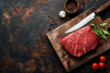 Raw uncooked top round beef steak on wooden cutting board with big kitchen knife and pepper on dark brown rustic stone background top view, cooking meat steak concept 