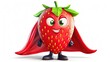 fruit superhero Strawberry in cartoon costume on white background 