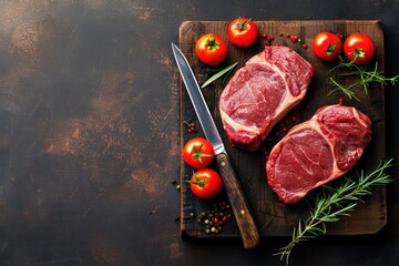 Wall Mural - Three raw uncooked meat beef top sirloin steaks on wooden cutting board with rosemary on wooden cutting board with cherry tomatoes branch, knife on dark rustic background top view. 