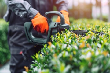 Close up of man hand with hedge trimmer cutting bushes. 