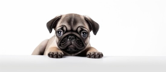 Poster - Curious Pug Puppy Gazing over a Clean White Surface with Playful Expression