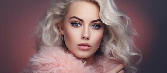 Poster - Captivating Beauty: Blonde Woman Embracing Elegance with Pink Feathers in Her Hair