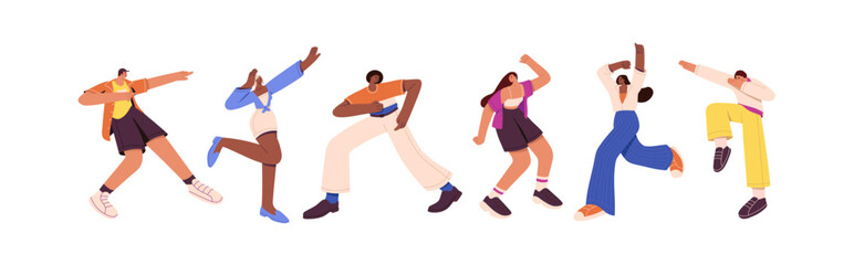 Wall Mural - Different people dance set. Modern dancers perform freestyle hip hop at party. Happy performers move by disco music. Young men and women have fun. Flat isolated vector illustration no white background
