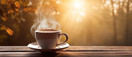 Poster - Aromatic Morning Bliss: Steaming Cup of Espresso on Warm Sunlit Wooden Table