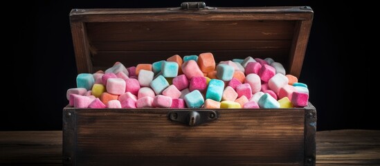 Canvas Print - Vibrant Marshmallows Inside a Rustic Wooden Chest - Colorful Treats for Sweet Delights