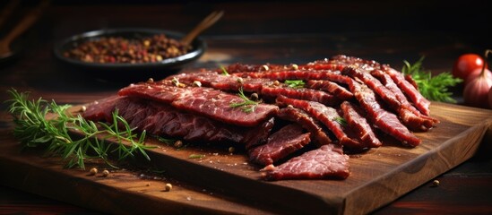 Poster - Sliced Turkish Bacon Pastrami on Wooden Cutting Board with Spices