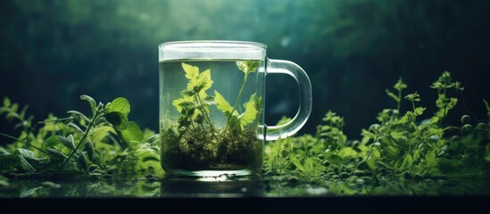 Sticker - Refreshing Herbal Infusion: Glass Mug Filled with Thyme and Mint Sprigs in Clear Water