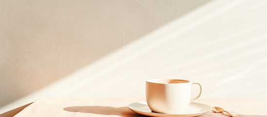 Aufkleber - Sunlit Coffee Cup Resting on Beige Table with Morning Shadow, Conceptual Lifestyle Moment