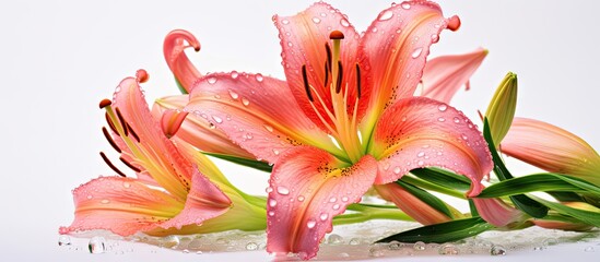 Sticker - Glistening Salmon Daylily Hemerocallis Blooms with Sparkling Dew Droplets