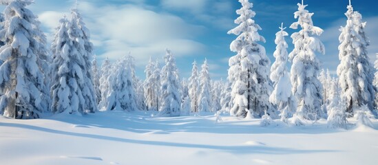 Aufkleber - Serene Winter Landscape: Pine Forest Blanketed in Deep Snow Under a Clear Blue Sky