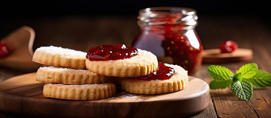 Poster - Delicious Shortbread Cookie with Jam Filling on Rustic Wooden Cutting Board