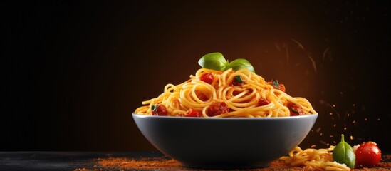 Poster - Delicious Spaghetti Bowl with Fresh Tomato Slices and Fragrant Basil Leaves