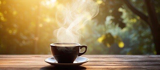 Aufkleber - Morning Bliss: Aromatic Coffee Cup Steams on Vintage Wooden Table in Sunlight