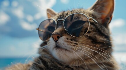 Wall Mural - Close up of a cool cat wearing sunglasses. Perfect for pet lovers and summer themes