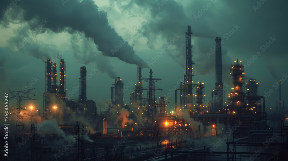 Illuminated industrial complex at dusk with multiple smokestacks ...