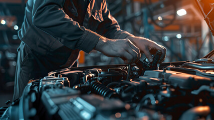 Wall Mural - auto mechanic working in workshop, close up a car mechanic repairing car engine, service worker at the work