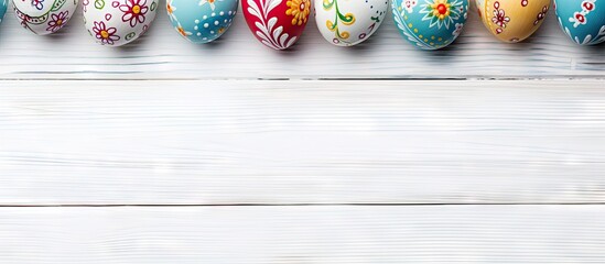 Vibrant Rainbow of Colorful Easter Eggs Resting on White Wooden Surface