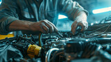 Fototapeta  - auto mechanic working in workshop, close up a car mechanic repairing car engine, service worker at the work