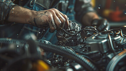 Wall Mural - auto mechanic working in workshop, close up a car mechanic repairing car engine, service worker at the work