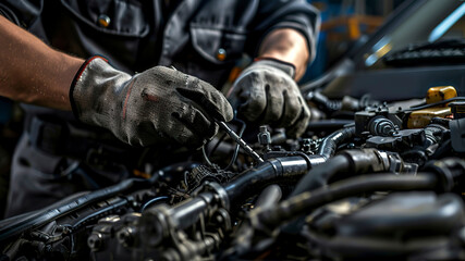 Wall Mural - auto mechanic working in workshop, close up a car mechanic repairing car engine, service worker at the work