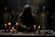 Hooded person engages in an ominous ritual surrounded by lit candles and skeletons