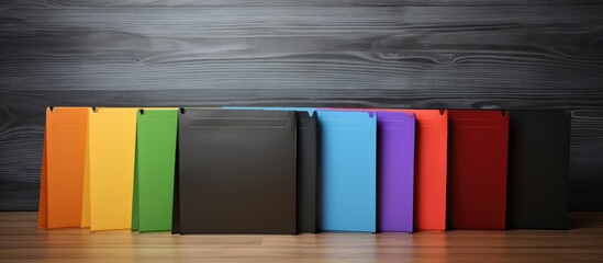 Poster - Vibrant Array of Colorful Books Arranged Neatly on a Rustic Wooden Table