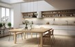 Modern kitchen, interior design, minimalistic scandinavian look. Natural wooden and white materials. Minimalistic sunny photo. AI Generative