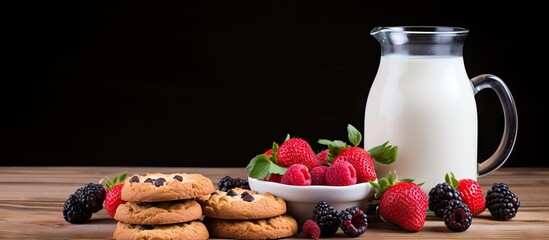 Sticker - Rustic Breakfast Setting with Milk, Berries, and Cookies on Wooden Background