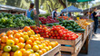 Bustling farmers market scene with fresh produce and shoppers