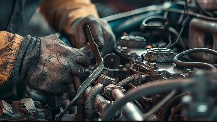 Wall Mural - auto mechanic working in workshop, close up a car mechanic repairing car engine, service worker at the work