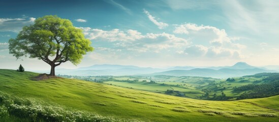 Wall Mural - Majestic Lone Tree Standing Tall on a Peaceful Hilltop Overlooking Beautiful Scenery