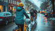 Active city lifestyle with bike-sharing on a rainy day in an urban setting