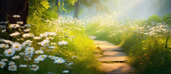 Wall Mural - Tranquil Path Leading Through a Forest with Wild White Flowers Blooming in Spring