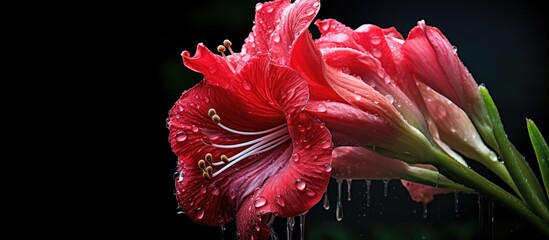 Sticker - Vibrant Red Amaryllis Flower Blossom Adorned with Glistening Water Droplets