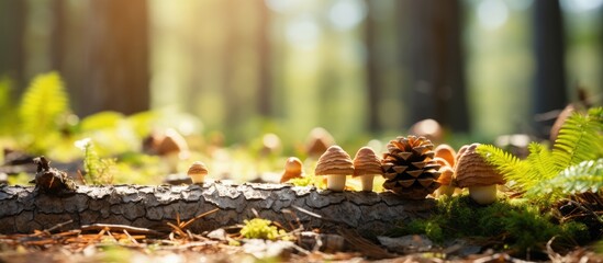 Poster - Vibrant Mushrooms Perched on a Weathered Log in a Lush Forest Setting