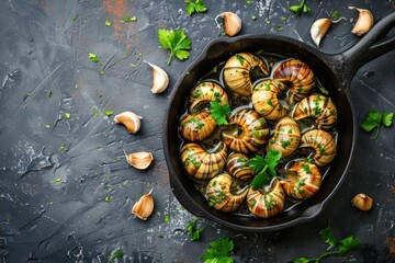 Wall Mural - Escargots de Bourgogne Cooked Snails with Garlic Butter and Parsley in black cast iron pan on rustic stone background top view, traditional French Delicacy