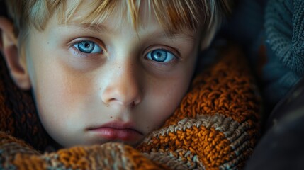 Wall Mural - A young boy with striking blue eyes wrapped in a cozy blanket. Ideal for family and childhood themes