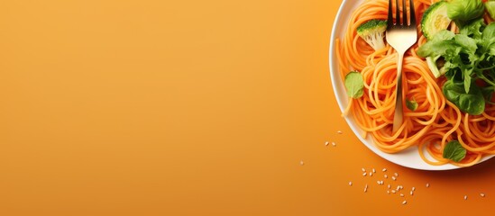 Sticker - Delicious Plate of Spaghetti with Fork and Knife on Orange Background