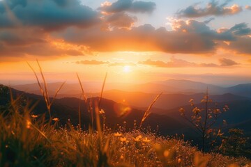 Canvas Print - Scenic sunset over a mountain range, perfect for nature backgrounds