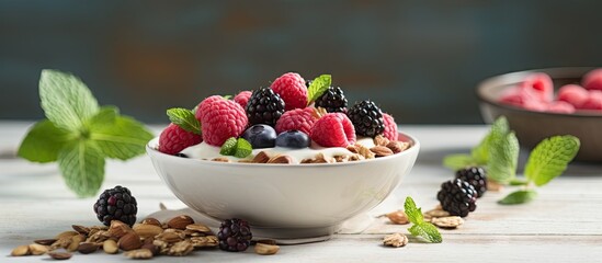 Wall Mural - Nutritious Breakfast Spread: Fresh Fruits, Nuts, Seeds, and Yogurt on Wooden Table