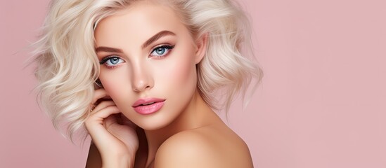 Sticker - Stunning Blonde Model Showcasing Vibrant Makeup Look with Blue eyes and Pink Lips